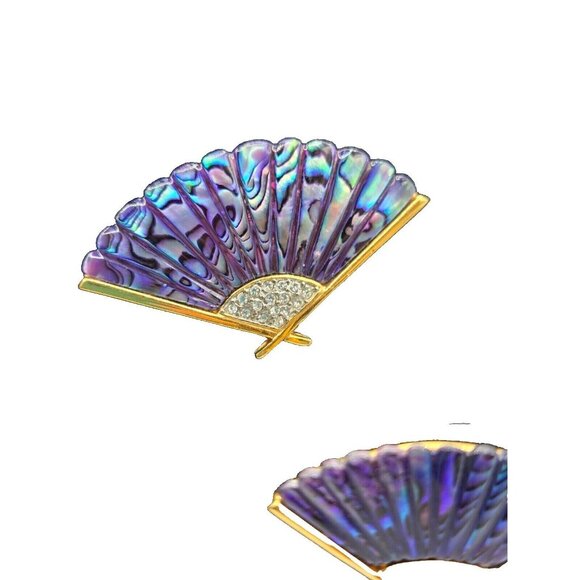 Butler Signed Rare Purple Abalone Shell Fan Brooch and Clip Earring Set Vintage - Picture 2 of 7